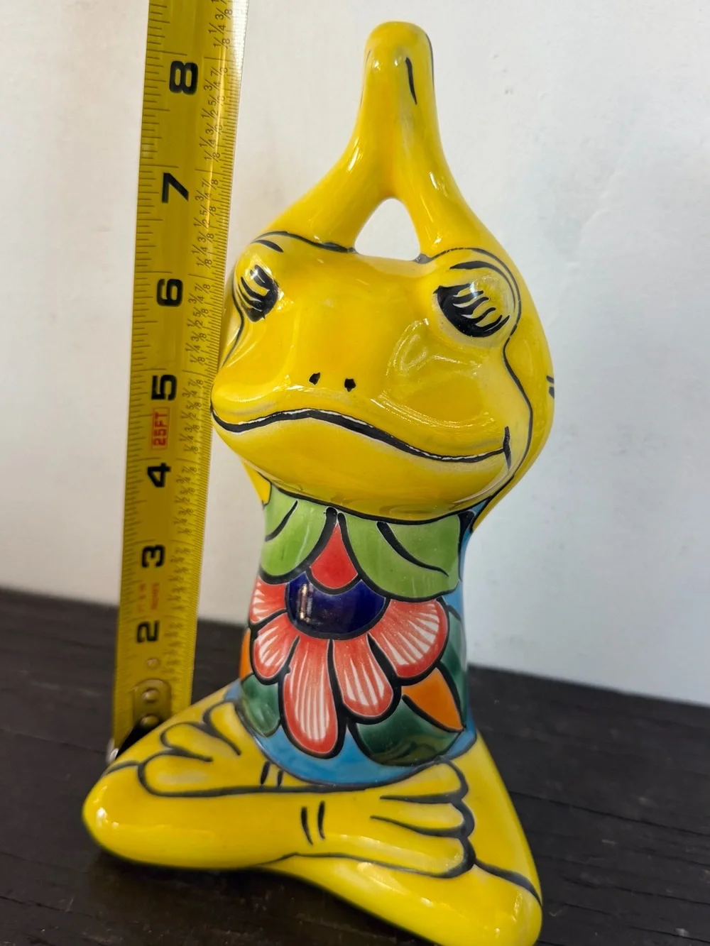 Hand-Painted Yellow Talavera Yoga Frog Statue – Decorative Home Accent